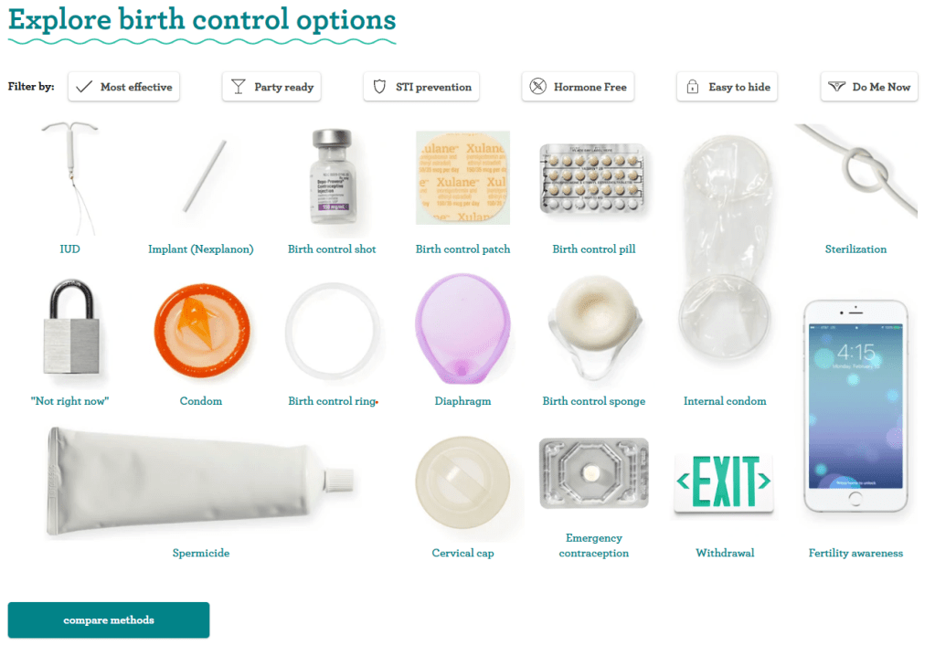 Bedsider birth control chooser, which leads with top-of-the-line long-acting contraceptives